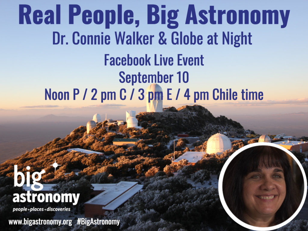 Promotional Image of woman in front of telescopes. Words: Real People, Big Astronomy. Dr. Connie Walker and the Globe at Night